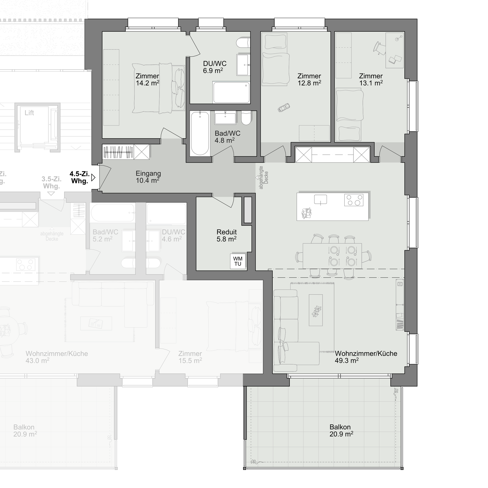 Grundriss Wohnung B-2-1, Küchenstandort 2