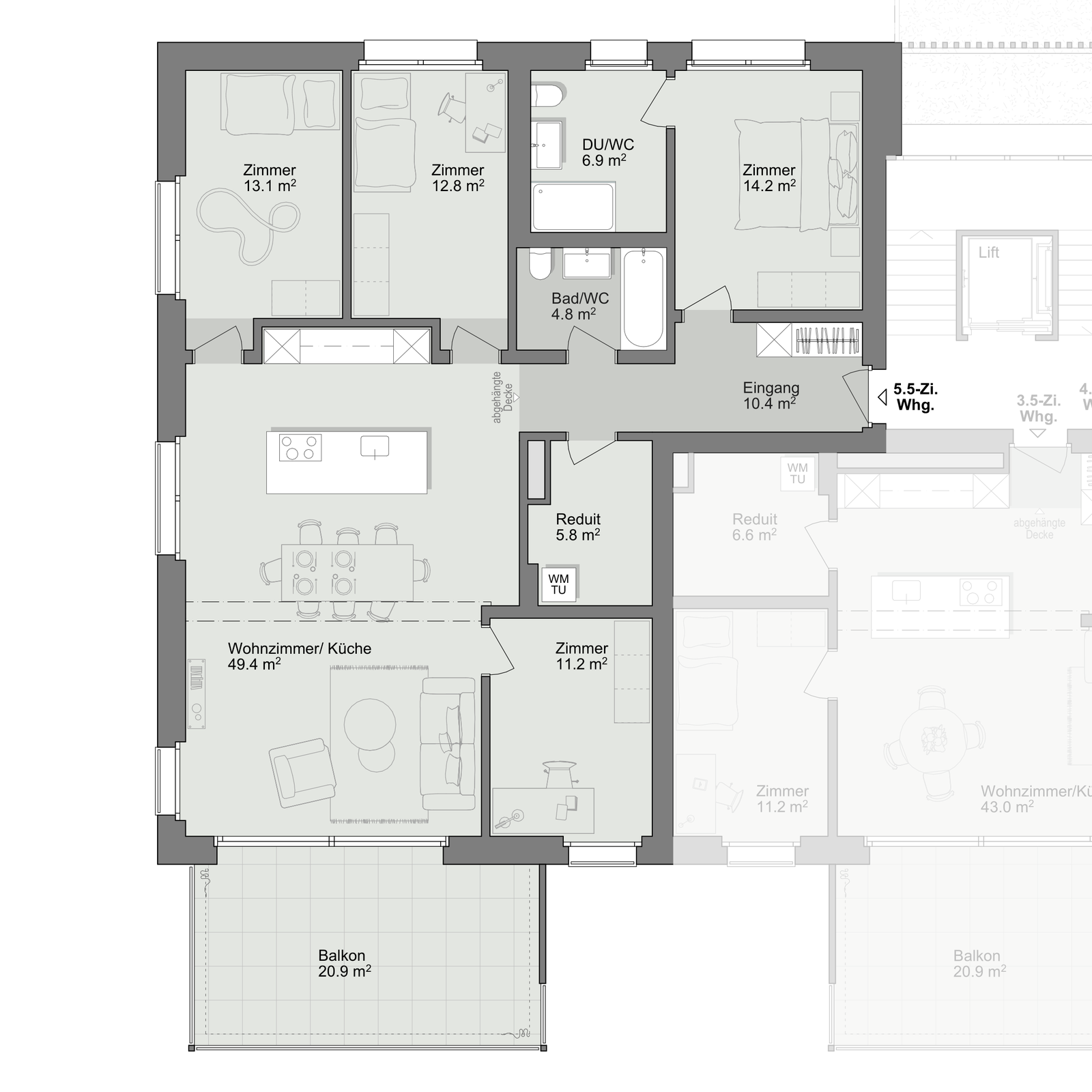 Grundriss Wohnung B-2-3, Küchenstandort 2
