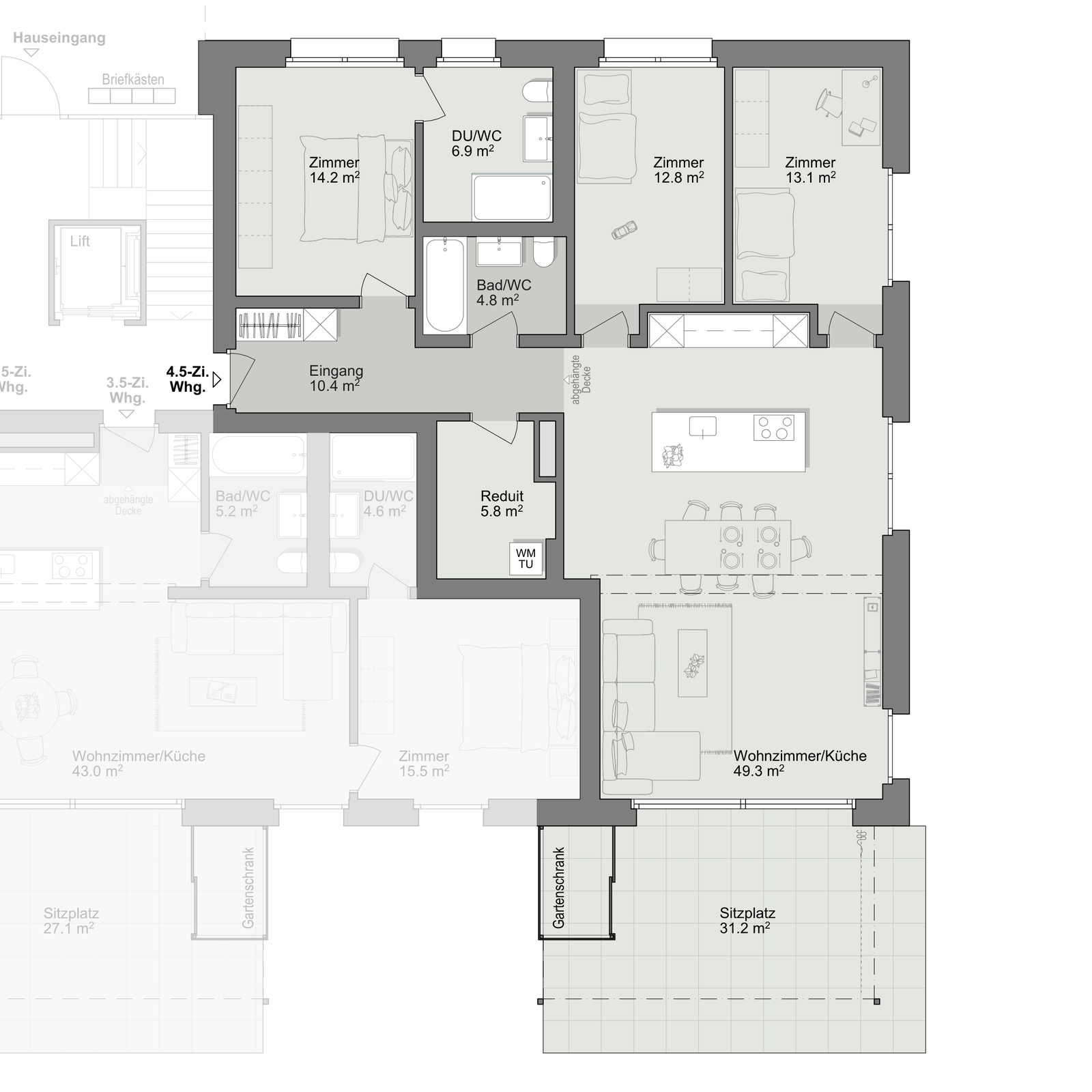 Grundriss Wohnung C-0-1, Küchenstandort 2