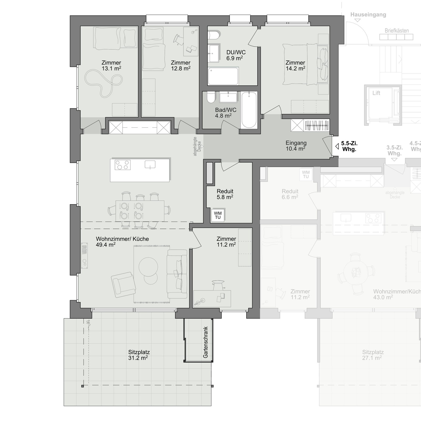 Grundriss Wohnung C-0-3, Küchenstandort 2